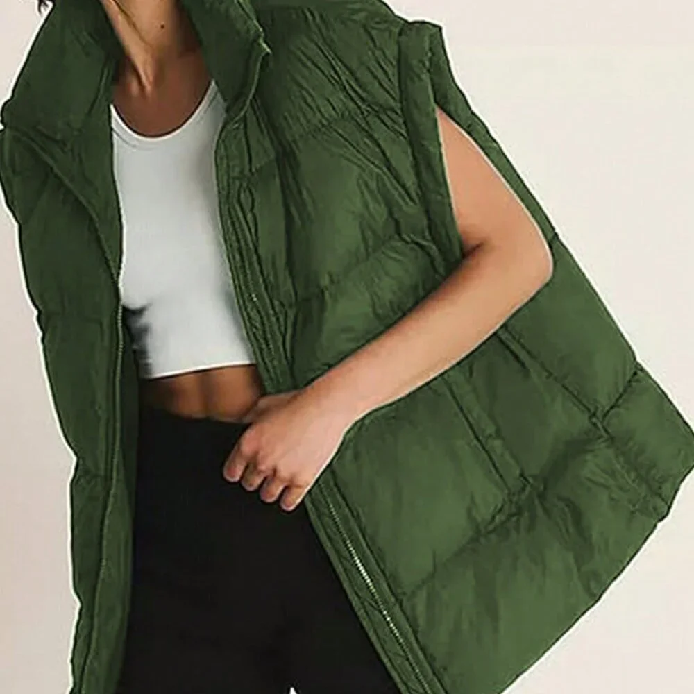 Army Green Casual Women's stand collar Sleeveless Quilted Puffer Vest Jacket